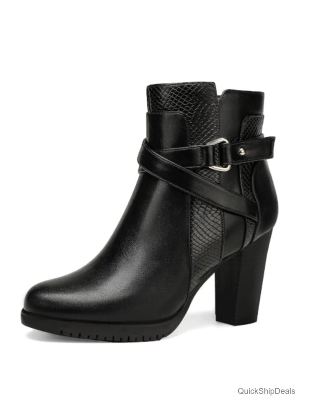 Women's Ankle Boots Faux Leather Chunky Stacked Heel Side Zipper Booties